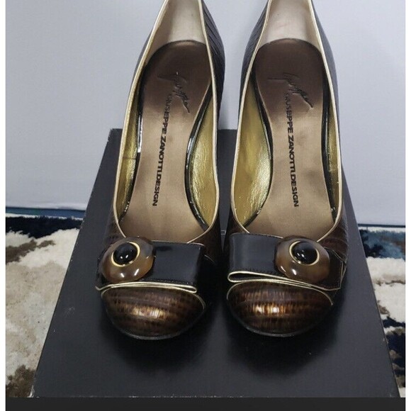 Giuseppe Zanotti Brown Embossed Leather Round Toe VICINI Pumps Heels Size 37.5 - Picture 3 of 12